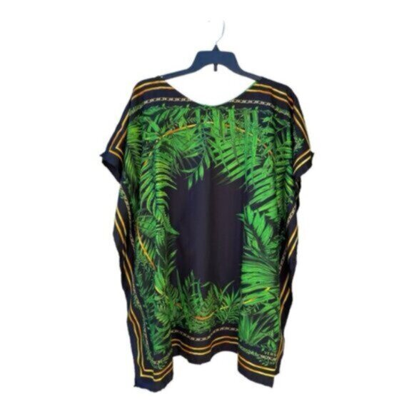 Green Botanical Gold Chain Print 100% Silk Short Caftan One Size - Picture 7 of 8